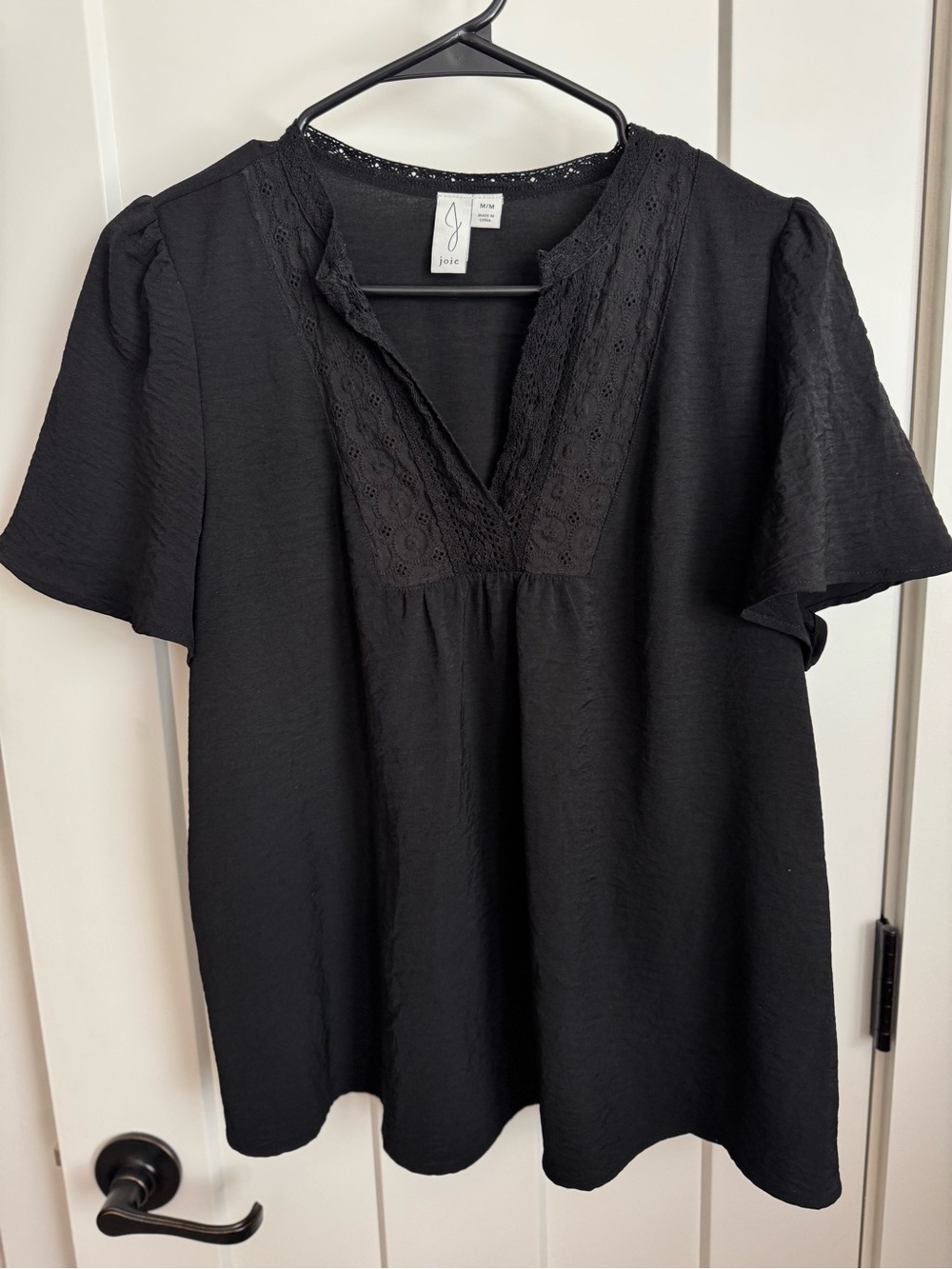 Joie Black Lace-Trim Flutter Sleeve Blouse